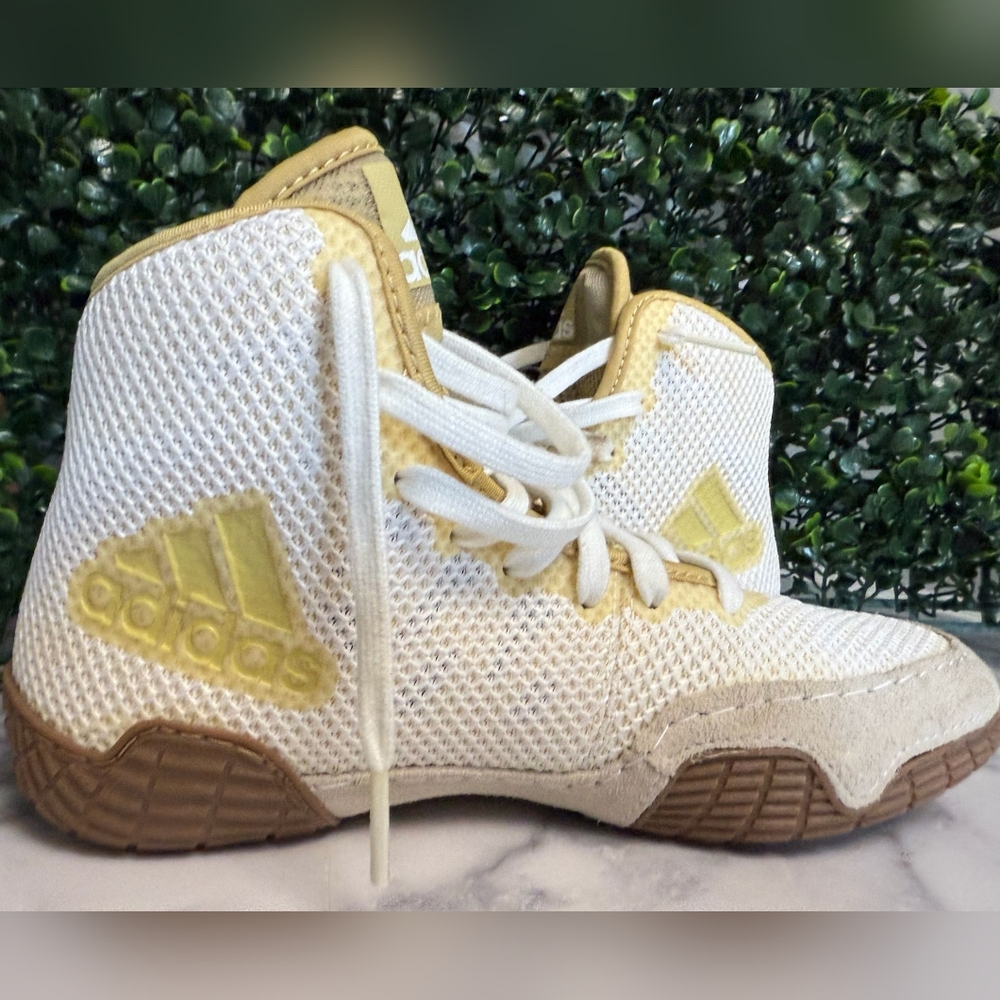Adidas Kids White and Gold High-Top Sneakers